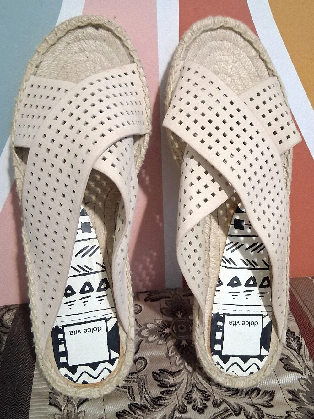 Dolce‎ Vita Cream Perforated Crossband Espadrille Sandals Leather 8.5 Platform